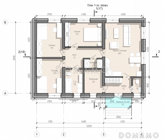 Проект компактного дома с тремя спальнями и проходной кухней-гостиной / План 1 этажа