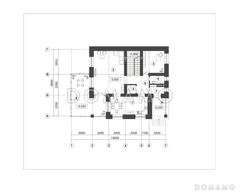 Проект загородного дома с двумя балконами / План 1 этажа