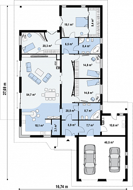Проект просторного одноэтажного дома из газобетона с фронтальным гаражом, четырьмя спальнями и большой гостиной / План 1 этажа
