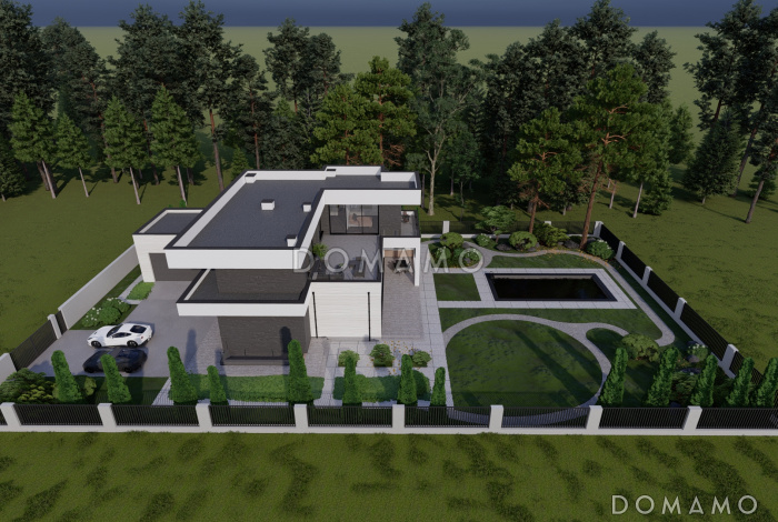 Проект крупномасштабного двухэтажного дома в стиле хай-тек с подвалом и бассейном