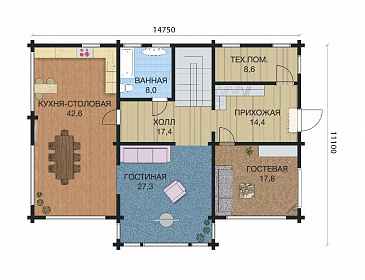 Проект трехэтажного деревянного дома из клееного бруса с бильярдной / План 1 этажа