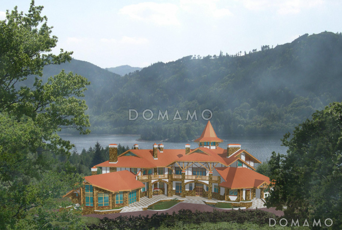 Проект коттеджа с угловой планировкой и бассейном