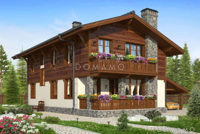 Проект загородного дома с террасой, навесом на одну машину, верандой с камином на втором этаже