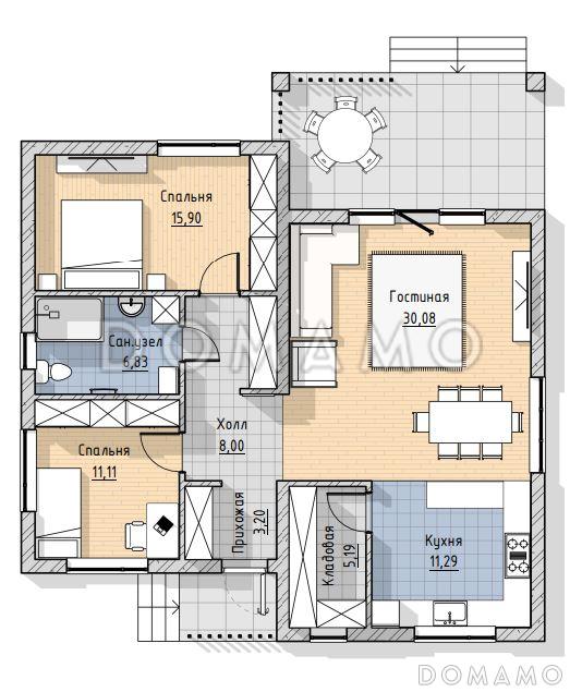 Проект одноэтажного дома в современном стиле / План 1 этажа