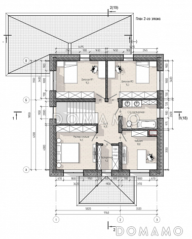 Проект двухэтажного дома с верандой, 4 спальнями, кухней-гостиной и местами для хранения / План 2 этажа