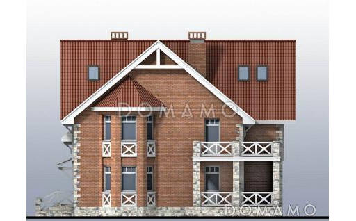 Проект загородного дома с эркером, с гаражом на две машины, двумя большими балконами и террасами / Фасад 3