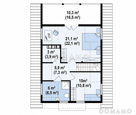 Проект компактного одноэтажного мансардного дома из газобетон с барбекю на крытой террасе / План мансардного этажа