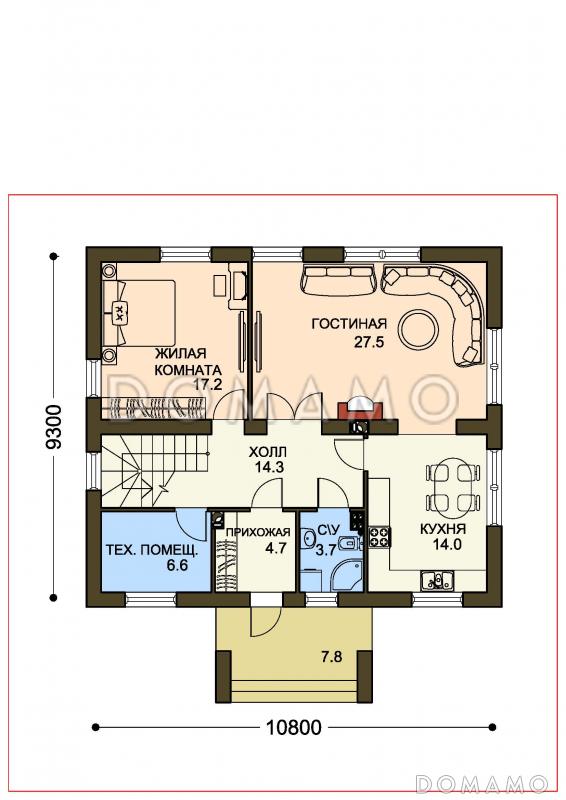 Проект двухцветного коттеджа с двумя гардеробными и большим крыльцом / План 1 этажа