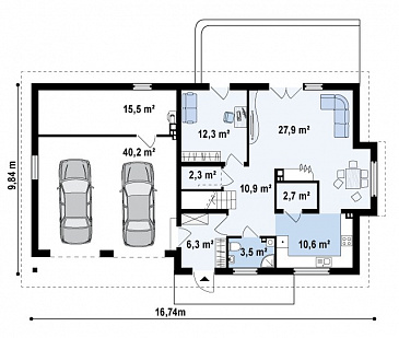 Проект одноэтажного мансардного дома из газобетона с эркером в кухонной зоне, вертикальным мансардным окном и гаражом на два автомобиля / План 1 этажа