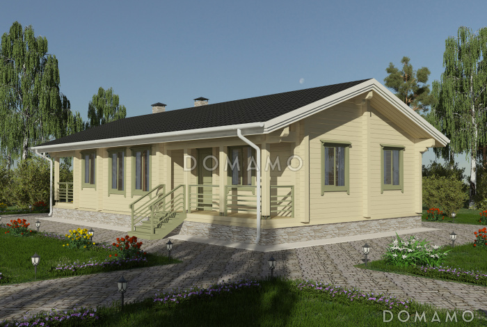 Проект одноэтажного дома с двумя спальнями, комнатой отдыха, гостиной с камином, сауной