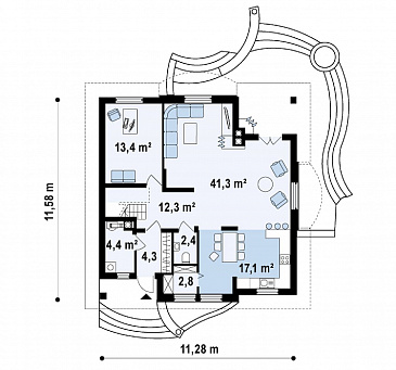 Проект одноэтажного мансардного дома из кирпича с кирпичной облицовкой с двумя балконами и барбекю на террасе / План 1 этажа