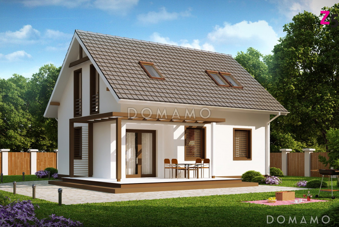 Проект компактного одноэтажного мансардного дома из кирпича с кабинетом на первом этаже и тремя спальнями на мансарде