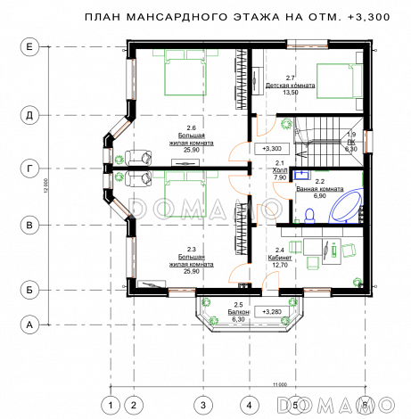 Проект деревянного дома с 3 спальнями и кабинетом на мансарде, гостевой комнатой и просторной дневной зоной / План мансардного этажа