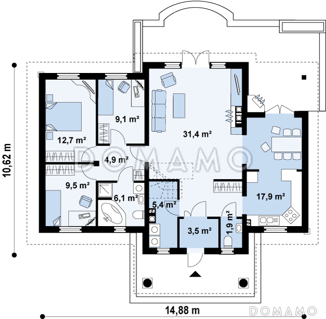 Проект одноэтажного дома из газобетона со свободной планировкой на мансардном этаже / План 1 этажа