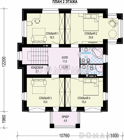 Проект двухэтажного газобетонного загородного дома с просторной гостиной-столовой и четырьмя спальнями / План 2 этажа