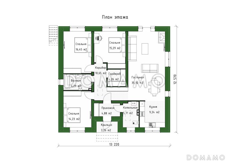 Проект одноэтажного дома из газобетона для небольшой семьи / План 1 этажа