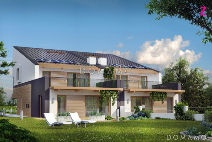 Проект мансардных домов-близнецов из газобетона современного дизайна с гаражом и террасой на втором этаже