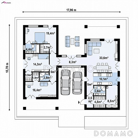 Проект оригинального одноэтажного дома из кирпича с крытой парковкой внутри дома / План 1 этажа