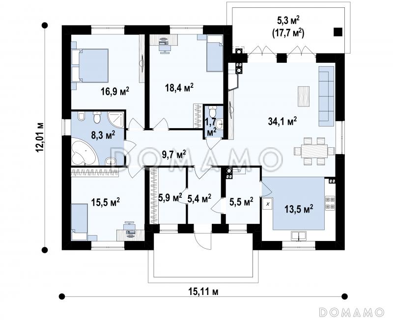 Проект одноэтажного загородного дома с гардеробной в прихожей, просторной гостиной,  тремя спальнями, террасой / План 1 этажа