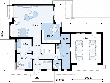Проект просторного одноэтажного мансардного дома из кирпича с пятью комнатами, балконом и гаражом / План 1 этажа