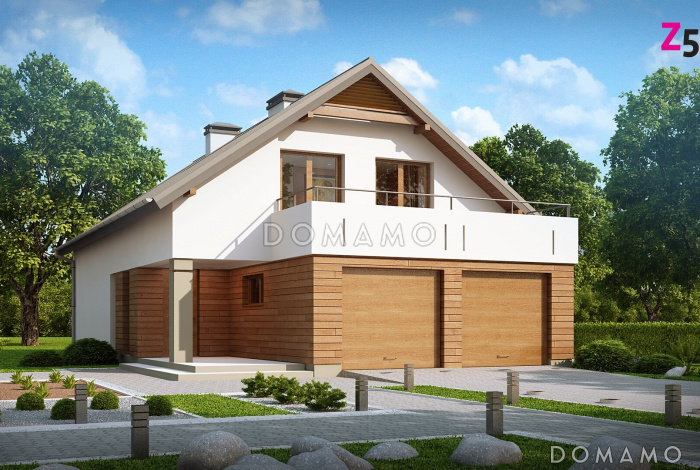 Проект одноэтажного мансардного дома из кирпича с крытой угловой террасой и большой открытой террасой над гаражом