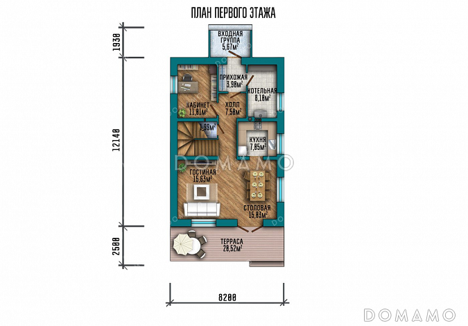 Проект двухэтажного дома с террасой / План 1 этажа