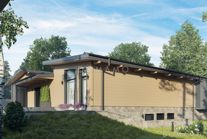 Проект кирпичного дома П-образной формы с внутренним двориком, масштабным остеклением в холле и гостиной