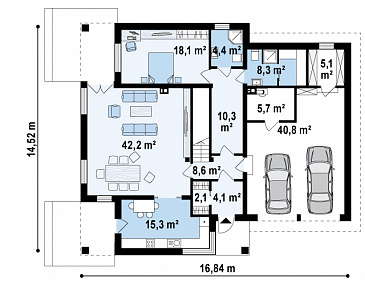 Проект просторного двухэтажного дома из газобетона с дополнительной спальней на первом этаже, гаражом и сауной / План 1 этажа