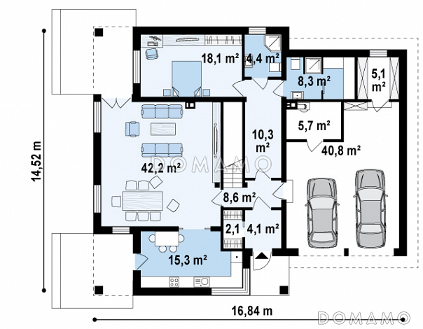 Проект просторного двухэтажного дома из газобетона с дополнительной спальней на первом этаже, гаражом и сауной / План 1 этажа