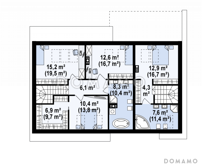Проект комфортного одноэтажного мансардного дома из газобетона для двух семей / План мансардного этажа