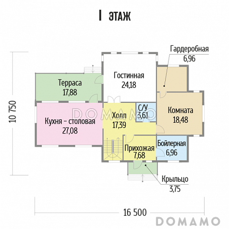 Проект каркасного дома с большими окнами / План 1 этажа