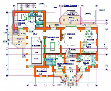 Проект коттеджа с двусветной гостиной и бассейном / План 1 этажа