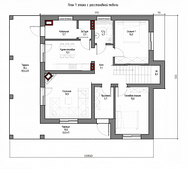 Проект двухэтажного дома с плоской крышей, изолированной кухней-столовой, гостиной с выходом на террасу, гостевой комнатой / План 1 этажа