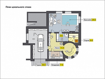 Дом с башней и зеленой крышей, с цокольным этажом, гаражом на одну машину / План цокольного этажа
