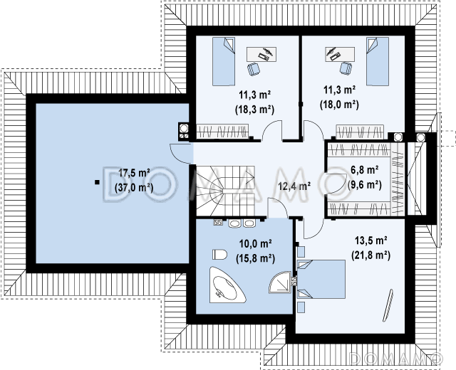Проект просторного мансардного дома из кирпича с четырьмя спальнями, гаражом и барбекю не террасе / План мансардного этажа