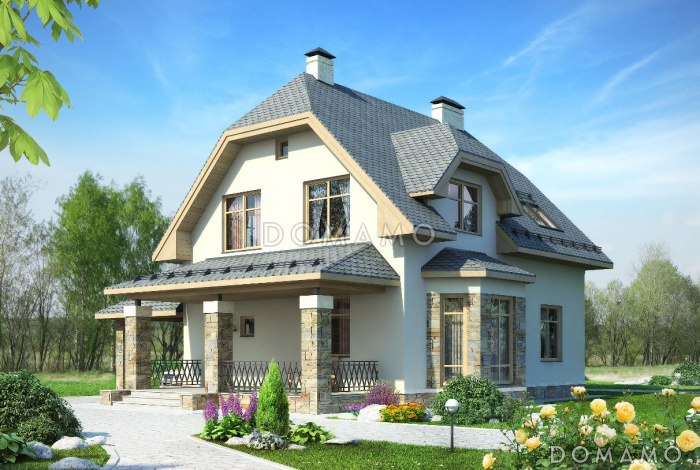 Проект дома из пеноблоков с мансардой и навесом для автомобиля