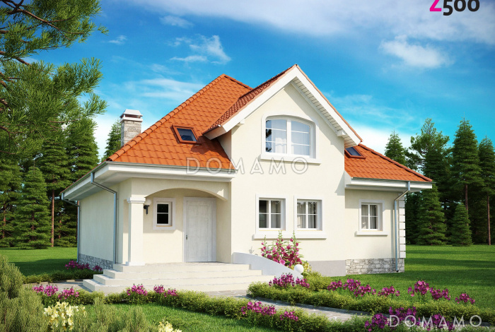 Проект одноэтажного мансардного дома из газобетона с двумя балконами и барбекю на террасе 