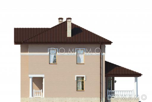 Проект дома с крытой террасой, колоннами, кухней-столовой с полукруглой стеной на террасу, эркером, спальнями и кабинетом на втором этаже / Фасад 4