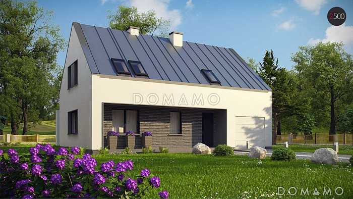 Проект одноэтажного мансардного дома из кирпича в современном стиле, со встроенным гаражом