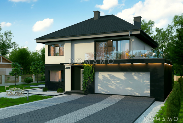 Проект дома с гаражом на две машины, просторной гостиной, комнатой на первом этаже, кладовой