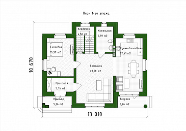 Проект двухэтажного дома с большой гостиной, 4 спальнями, террасой и балконом / План 1 этажа