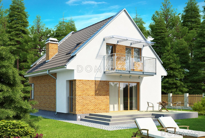 Проект небольшого одноэтажного мансардного дома из газобетона с изолированной кухней и открытой террасой 