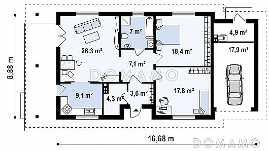 Проект компактного одноэтажного дома из кирпича с двумя спальнями и боковой террасой и пристроенным гаражом / План 1 этажа