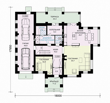 Проект дома из газобетона с гаражом на два автомобиля и бильярдной комнатой / План 1 этажа