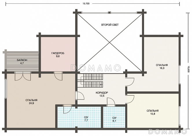 Проект двухэтажного дома из клееного бруса с тремя небольшими террасами на первом этаже / План мансардного этажа