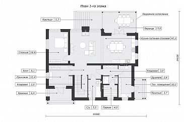 Проект дома в деревенском стиле с 5 спальнями, сауной и верандой с панорамными окнами / План 1 этажа