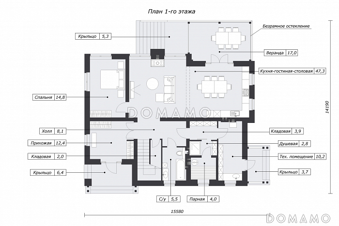 Проект дома в деревенском стиле с 5 спальнями, сауной и верандой с панорамными окнами / План 1 этажа