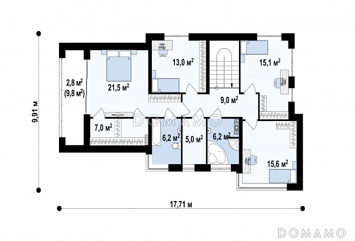 Проект современного загородного дома с гаражом на 2 автомобиля, террасой, большой кухней, кабинетом / План 2 этажа