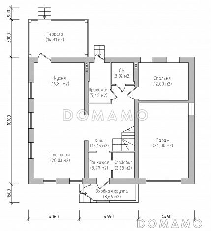 Проект яркого классического дома из СИП панелей с мансардой, террасой, гаражом и навесом для автомобиля / План 1 этажа