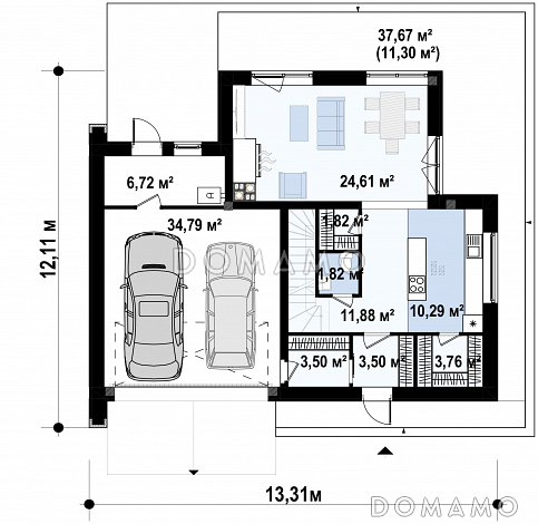 Проект двухэтажного дома с гаражом, гостиной с камином, кладовой, балконами, мастер-спальней / План 1 этажа